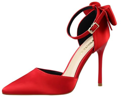 YGJKLIS kvinnor 10 cm ankelrem hög klack sandal sexig enfärgad satin bakre rosett party klubb bröllop bal stilettos pumps, röd, 37 EU