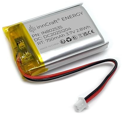 InCraft Energy Batterie au lithium polymère 750 mAh 3,7 V, 36 x 25 x 8, modèle 802535, 2P Molex 51021-020, connecteur 1,25 mm