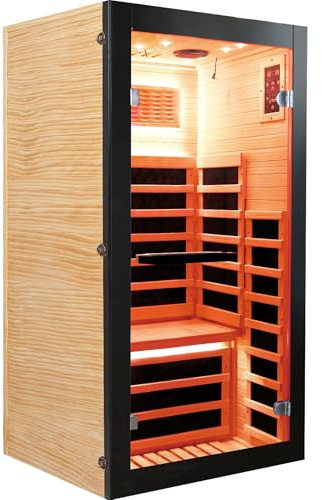 YJSPSSW Single-Person Sauna Cabin – Compact Infrared Sauna with 8 Heating Plates, Starry Sky Lighting & Colorful Light Strips – Chilean Pine Wood Design (780x780x1580mm)