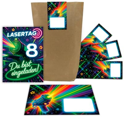 6 Einladungskarten 8. Kindergeburtstag Lasertag Junge Kinder Mädchen Einladung achte Geburtstag Jungsgeburtstag Mädchengeburtstag Laser Tag inkl. 6 Umschläge, 6 Geschenktüten, 6 Aufkleber