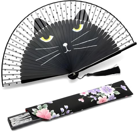 Ventaglio Pieghevole da Borsetta, Ventagli Pieghevoli Mano Gatto Nero, Ventaglio Estate, Ventagli Matrimonio per Donna per ballare foto puntelli decorazione da parete accessori da sposa (Nero-A)