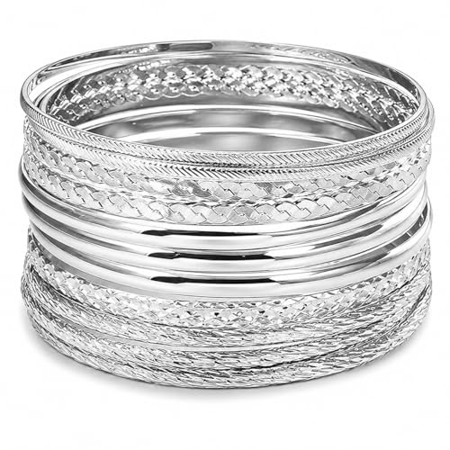 Trevixor 12pcs Silver Bangles for Women, Indian Silver Bangle Bracelet Set for Womens, Adjustable Stackable Bangles Set for Party Wedding Daily Wear, Silver Tone Bangle Bracelet Jewellery Gift