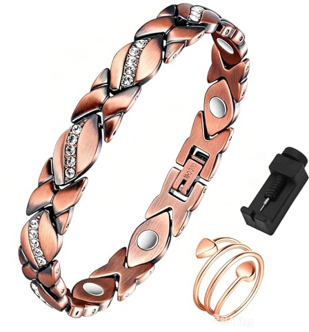 Qnbonrich Bracciale in rame da donna con magneti, bracciale magnetico regolabile e anello in rame puro al 99,9%, set completo in confezione regalo, con regolatore della dimensione, Eine Grösse, Rame