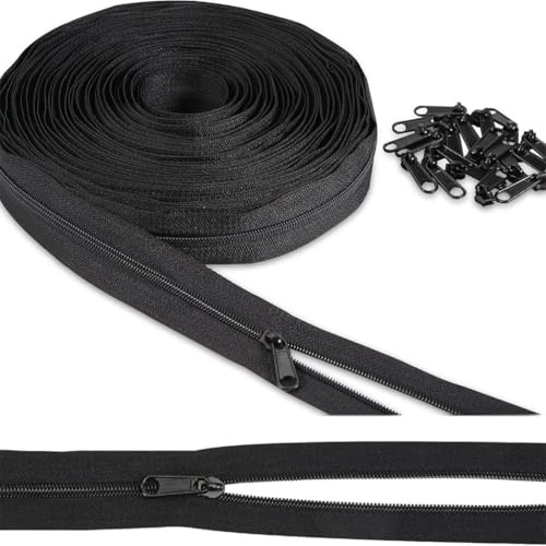 10m Endlosreißverschluss mit Zipper Schwarz, 5mm Nylon Reißverschluss Meterware mit 20 Zipper für Reißverschluss, Reissverschluss Endloses Set für Bettwäsche Kissen Taschen und Nähprojekte Zip String