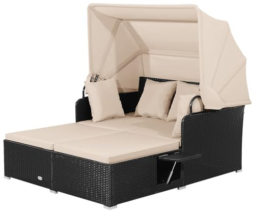 RELAX4LIFE Patio Rattan Daybed, Wicker Sun Bed Lounger Couch with Retractable Canopy, 2 Folding Side Trays & Soft Cushions, Outdoor Double Sofa Bed Garden Furniture Set for Porch Poolside (Khaki)