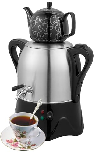 2 000 W elektrisk turkisk tebryggare, 3 L tekanna i rostfritt stål, 1 l keramisk tekanna, elektrisk samovar, med funktion för att hålla värmen, för kaffe, doftte, turkiskt te