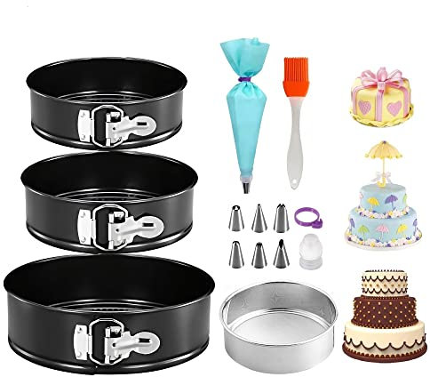 Stampo Torta 3 Pezzi Set(7/8/9) Teglie Tonde Tortiera Antiaderenti Fondo Rimovibile Cheesecakes Pan&1 Setaccio per farina, Sacchetti per Tubazioni e Ugelli 9 Pezzi, 1 Spazzola per Olioa