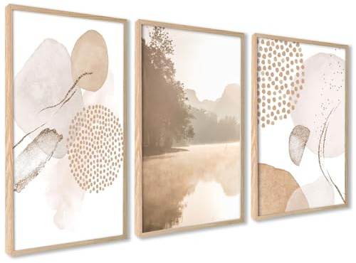 ag.art deco Tavlor för Vardagsrum | 50 x 70 cm Tryck för Väggar | Posters för Hall och Trappa | Heminredning | Oinramade Affischer | Set om 3 Bilder (Brun-Beige Abstrakt)