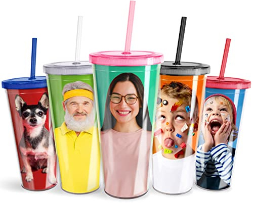 Pixly® Personalised Custom Photo Tumbler with Lid & Straw Re-usable Double Wall BPA Free Plastic Drink Cup | 450ml / 650ml Capacity | Clear, Black, Red, Blue, Pink (Large)