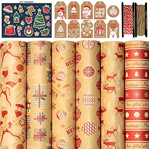 FullJoyHut Geschenkpapier Weihnachten,6 Blatt Kraft Recyceltes Weihnachtspapier 70X50CM, 10 Geschenkanhänger, 12 Aufkleber, 2 Rollen Bindfäden Packseil Weihnachten Geschenkverpackung