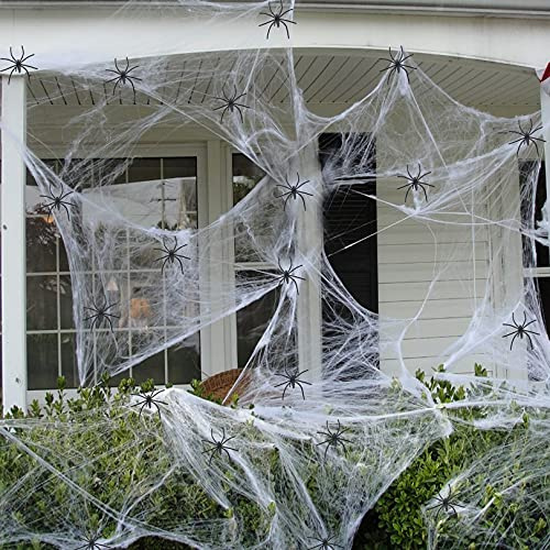 60g Halloween Deko Spinnennetz mit 30 Plastikspinnen, Dehnbare Spinnennetz | Realistisch, Künstliche Baumwolle, Spinnweben für Halloween Outdoor Garten Indoor Basteltisch Veranda Kneipe Escape Room