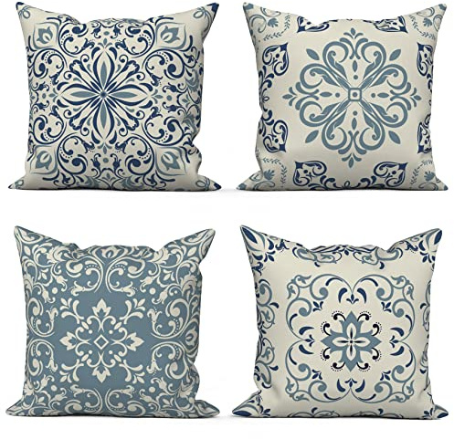 ASDCXZ Örngott boho 45 x 45 cm set om 4, retro datura blommönster beige blå soffa dekorativa kuddar örngott tvättbar polyester lin textil utomhus stoppning örngott