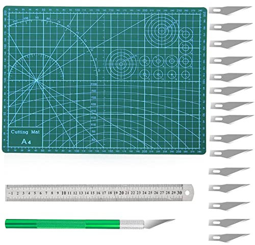 Set Tappetino da Taglio, Tappetino Modellismo in Formato A4/Lama di Ricambio/Coltello da Intaglio/Verde/30x22cm/Base Autorigenerante/per Lavori Artistici e Artigianali