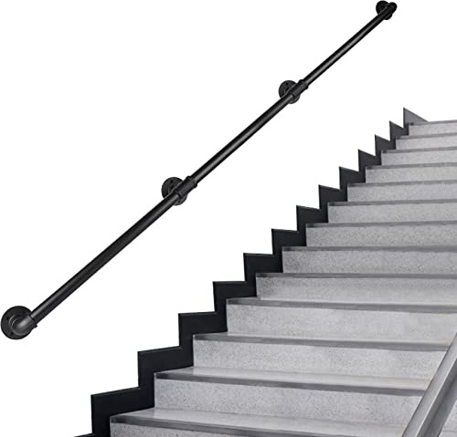 Rectoo Pipe Stair Handrail, 12 Ft Metal Staircase Handrail, Black Galvanized Industrial Iron Hand Rail for Indoor & Outdoor Wall Mount Support, Wall Hand Railing,Safety Handle, Steps Baluster(HR07)