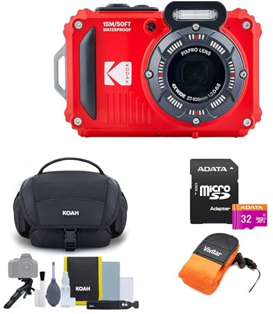 Kodak PIXPRO WPZ2 Rugged Waterproof 16MP Digital Camera with 4X Optical Zoom (Red) and Gadget Bag, Accessory Kit, 32GB UHS-I microSDHC, and Floating Strap (4 Items)