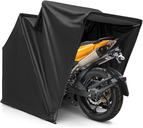 COSTWAY Abri de Moto Extérieur de 345 x 137 x 190 cm, Tente Moto avec Housse en Tissu Oxford Fenêtres en Maille Enroulables, Housse Vélo Exterieur Étanche pour Vélos Outils, Noir