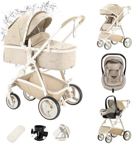 Zkiprm Sistema Viaggio 3 in 1 Passeggino con Seggiolino Auto R129, Reversibile, Pieghevole Un Clic, Ruote PU Antishock, Telaio in Alluminio Leggero, Copripioggia (0-4 Anni) Khaki