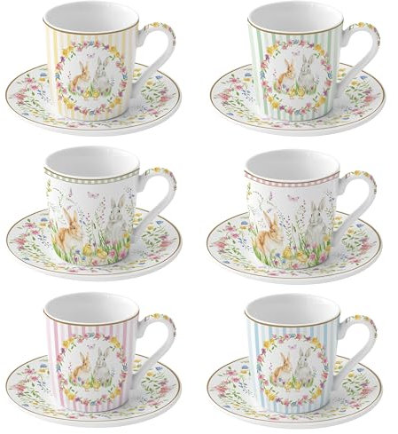 MamboCat Happy Easter Lot de 6 tasses à expresso avec soucoupes I pour 6 personnes I Service de table en porcelaine colorée pour petit-déjeuner et café I 6 petites tasses et soucoupes I Vaisselle de