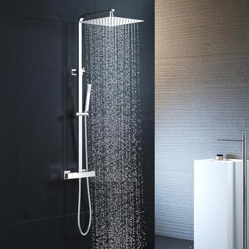 Columna ducha Termostática, YOOZENA Duchas de Baño Columna Alcachofa de Ducha con Manguera,Regulable en acero inoxidable Cromado Cuadrada
