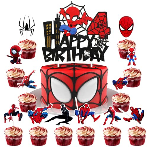 Tortendeko Zahlen 4, 25 Stücke deko torte Junge, 4 Decoration de Gateau Anniversaire, Birthday Kuchendeko 4 jahre, Cake Topper Kindergeburtstag, HeroTheme muffin Geburtstagsdeko fur Enfants