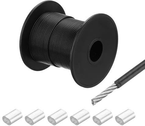 QUARKZMAN Drahtseil Edelstahl 40M x 1,5 mm Stahlseil PVC ummantelt mit 6 Aluminiumhülsen Sicherungsdraht Aufhängedraht Drahtkabel Wäscheleine für Bilder Outdoor Zaun Gardinen, Schwarz