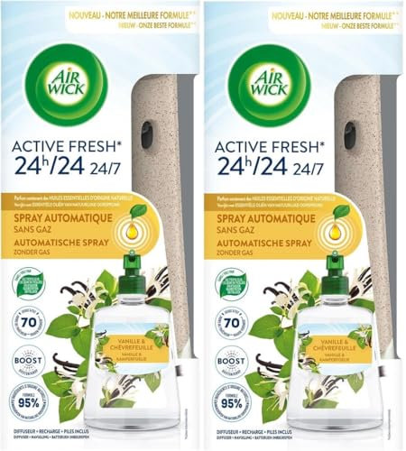 2 x Air Wick Active Fresh Automatic Spray Diffuser Unit + Vanilla & Honeysuckle Refill 228ml