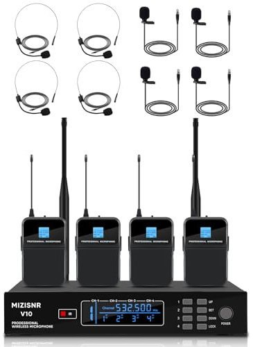 MIZISNR Micrófono de solapa inalámbrico de 4 canales, juego de 4 auriculares y micrófonos Lavalier con receptor de metal UHF de frecuencia ajustable de 4 x 50, sistema de micrófono de rango de 300