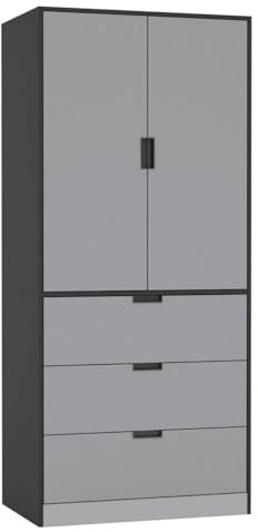 URBNLIVING 2 Door 3 Drawer Black White Oak Grey Modern Wardrobe Furniture with Clothes Hanging Rail Storage Shelf for Home Bedroom Organiser Unit H180cm x W80cm x D50cm