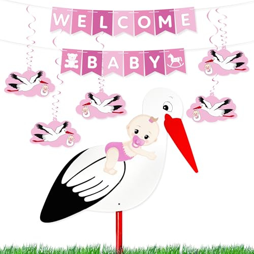 BRUBAKER Welcome Baby Girlande + Großer Storch aus Holz für Mädchen - Baby Deko Set - Wimpelkette mit Anhängern und Klapperstorch - Willkommensdeko für Babyparty Babyzimmer Dekoration - Rosa