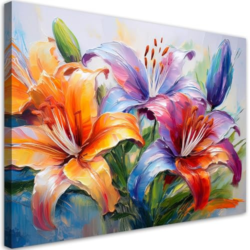 Feeby Leinwandbild - Bilder Wohnzimmer - Lilien Blumen Bunt Gemalt - 90x60 cm 1tlg - Deko Schlafzimmer - Wanddekoration - Aesthetic - Groß Moderne Bild - Foto auf Leinwand