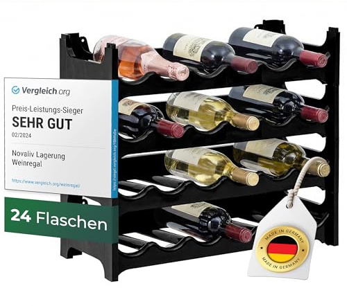 Novaliv Flaschenregal für 24 Flaschen aus Kunststoff, erweiterbar, Weinregal stapelbar, Schwarz, Getränkeregal Flaschen Regalsystem, Regal für Getränke, Flaschenschrank, Spirituosen Regal