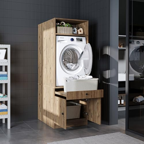 ROOMART • Waschmaschinenschrank mit Ausziehplatte • Platzsparend • Praktisch • Ideal für Hauswirtschaftsraum (Eiche, 1 Schrank - (184cm hoch))