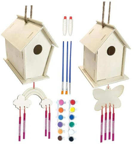 JOINPAYA Vogelhaus Windspiel Bastelset Für Kinder Holzhaus Selbstgemacht Bemalbar Kreativset Für Drinnen Und Draußen Mit 12 Farben Und Zubehör