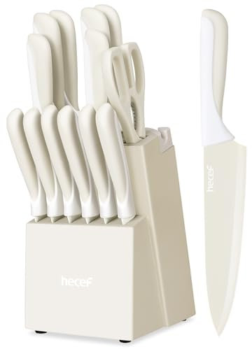 hecef 15-Piece Kitchen Knife Set with Self-Sharpening Wooden Block – High Carbon Stainless Steel, White Non-Stick Coating Blade, Includes Steak Knives & Scissors