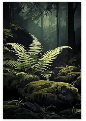 Deep Forest Ferns Mural Poster Dark Woodland Artwork Vintage Botanical Decor Green Aesthetic Mural Unframe-style 12x18inch(30x45cm)