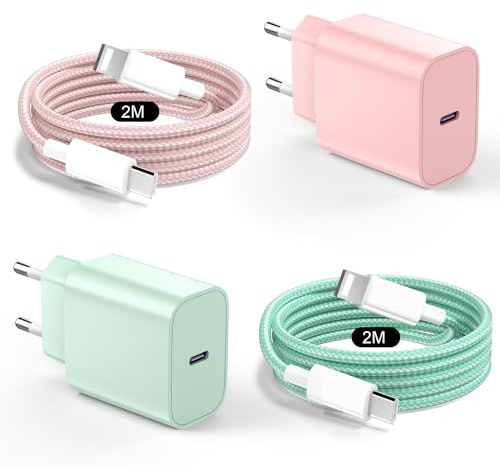 20W Chargeur pour iPhone, PD3.0 Prise USB C avec 2M Câble Lighting 2Pack | 20W Chargeur pour iPhone Charge Rapide, Chargeur USB C pour iPhone 14 Pro Max/13 Pro/12/11/Mini/SE/XS/XR/Pad - Rose+Vert