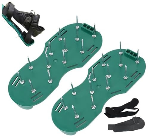 Rasen-Vertikutierer Schuhe mit Spikes, 15mm Nägel, 26 Stahlspitzen, Verstellbare Gurte, Grün,Rasenlüfter-Schuhe für Rasen belüften oder als Estrichschuhe