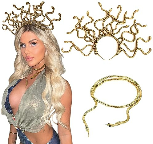 JeVenis Medusa Kopfschmuck Medusa Krone Gold Schlange Stirnband Medusa Kostüm Zubehör Göttin Kostüm Damen Halloween Weihnachten Party Kostüm