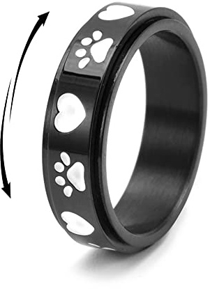 XJEIVJIC Lovely Dogs Paw Print Fidget Ring Stress Relieving Anti Spinner Rotate Freely Cute Animal Black Stainless Steel Promise Wedding Birthday Gift for Women Men Boredom ADHD Autism Anxiety Bands