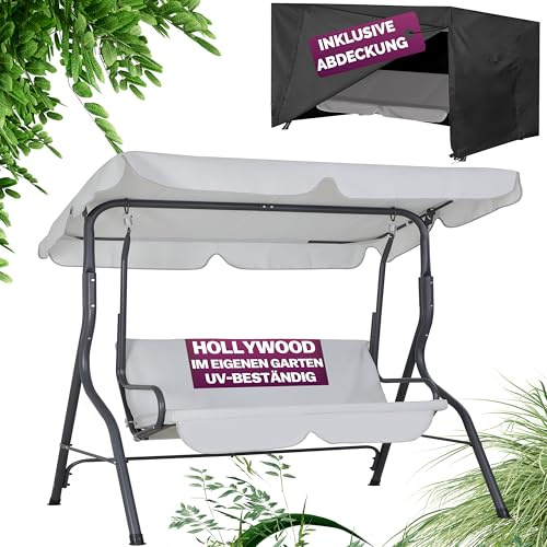 Casaria® Hollywoodschaukel 2 Sitzer Wetterfest Balkon 200kg Belastbar Gartenschaukel mit Dach Hellgrau Anti-Rutsch-Füße Garten Terrasse Schaukel 140cm Rückenlehne