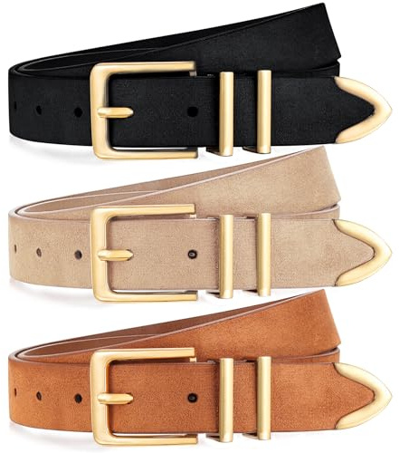 XZQTIVE 3 Pack Women Belts For Jeans Dresses Pants Ladies Leather Waist Belt with Gold Buckle