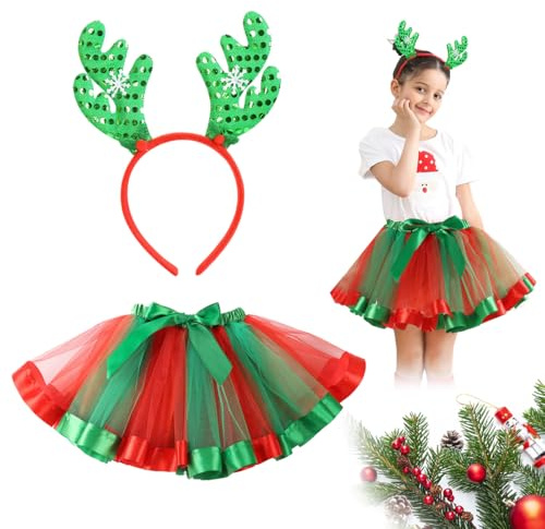 GTJEOI Costume Lutin Noel Enfant, Deguisement Renne pour Enfant Fille, Serre Tête Renne acev Rouge&Vert Tutu Jupe, Ensemble Noël Déguisement pour Enfant pour Fête de Noël Cosplay Mascarade Party