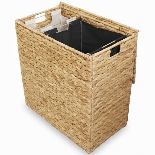 naturlik Panier à Linge 2 Compartiments (120L) – Trieur de Linge avec Sacs Amovibles & Couvercle – Jacinthe d'Eau Tressée à la Main – Corbeille à Linge pour Salle de Bain, Chambre & Buanderie – 58x34x