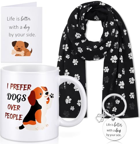 EBOOT 4 Piezas Set de Regalo con Tema de Perros para Mujer Incluye Taza de Cerámica con Tapa y Cuchara, Chal de Seda, Llavero con Caja y Tarjeta de Regalo para Amantes de Perros (Perro)