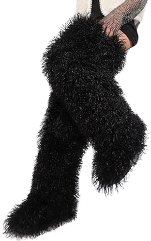 YXCFEWD Over the Knee Faux Fur Boots for Women 29 inchs Winter Thigh High Boots Fluffy Furry Snow Boots(Black,8)