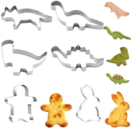 ZWWOGE 4 cortadores de galletas de dinosaurios 1 cortador de galletas de hombre de jengibre 1 cortador de galletas de conejo, ideales para celebraciones fiestas reuniones familiares