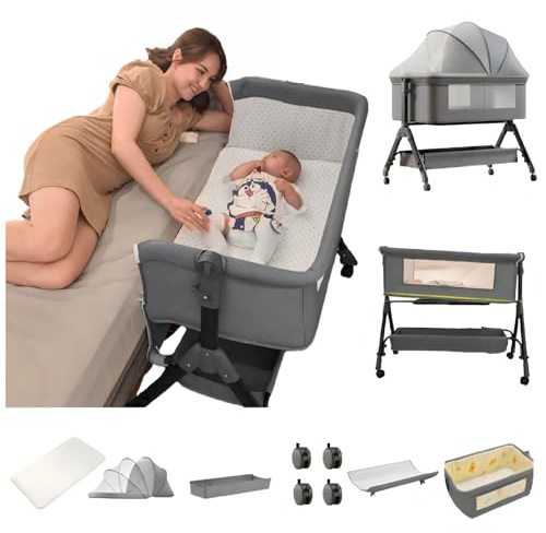 Aveainelle Baby Bedside Crib with Mattress, Foldable and Convertible Baby Cradle, Adjustable Infant Bassinet, Co-sleeping Infant cot with Mosquito Net (Grey)