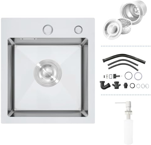Fregadero Cocina 1 Seno, Fregadero Acero Inoxidable Cepillada 40 x 40 cm con Desbordamiento,Sifón, Dispensador de Jabón, Fregadero Pequeño con 2 Orificios para Grifo, Sobre Encimera o Enrasado