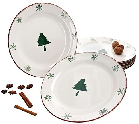 6er Speiseteller-Set Schneeflocken & Tannenbaum I Weihnachten I für 6 Personen I Braten, Stollen I Christmas I X-Mas I Festtagsessen I Essteller flach I Porzellan