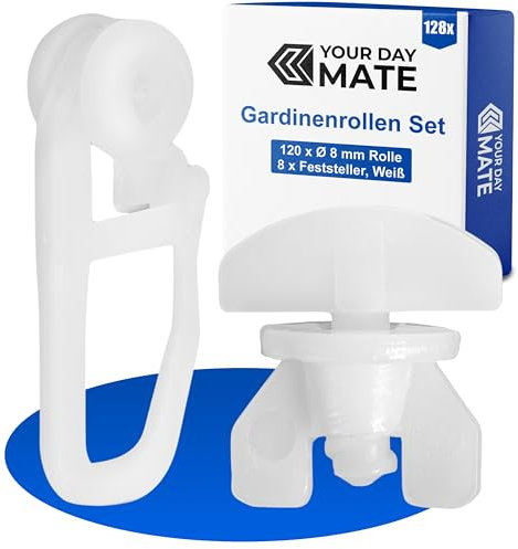 Gardinenröllchen für Innenlaufschienen, 128 Stück, Standard Ø 8 mm Rolle, Set mit 8 Gardinen Feststeller, in Weiß, Vorhang Röllchen, Faltengleiter für Vorhangschiene, Gardinenschiene, Gardine Gleiter